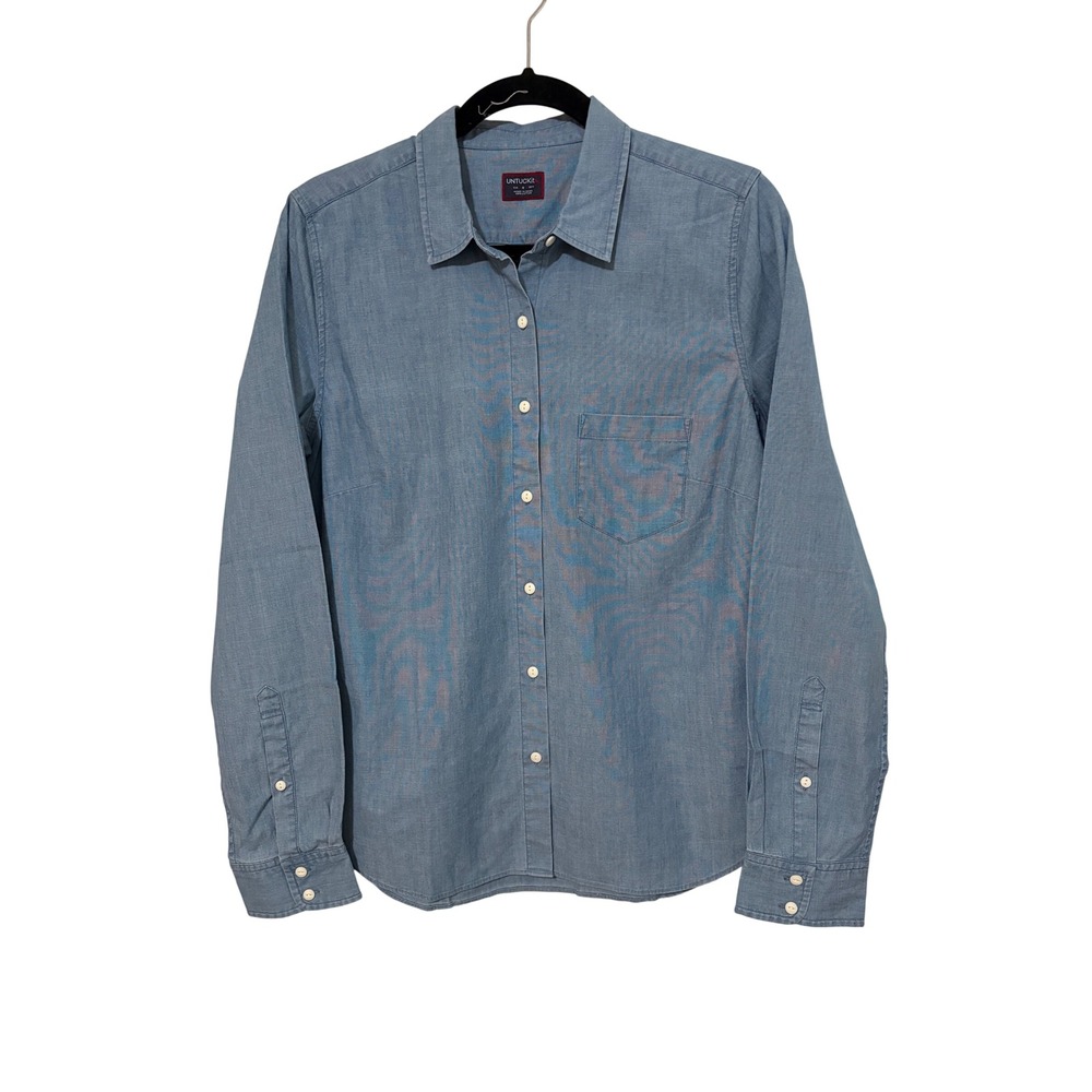 NEW UNTUCKit Womens Blue Chambray Cotton Button Down Shirt Long Sleeve Size 8